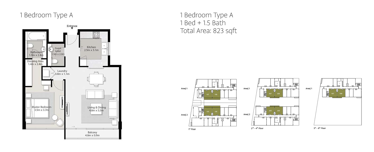 1 Bedroom Type A, Total Area 823 Sq. Ft.