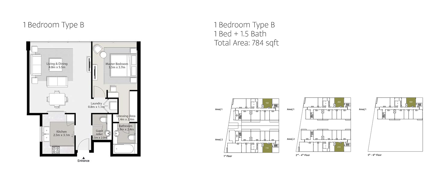 1 Bedroom Type B, Total Area 784 Sq. Ft.