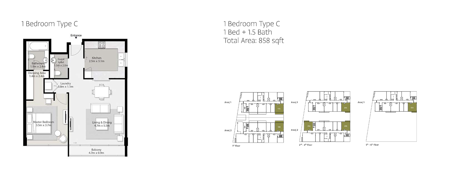 1 Bedroom Type C, Total Area 858 Sq. Ft.