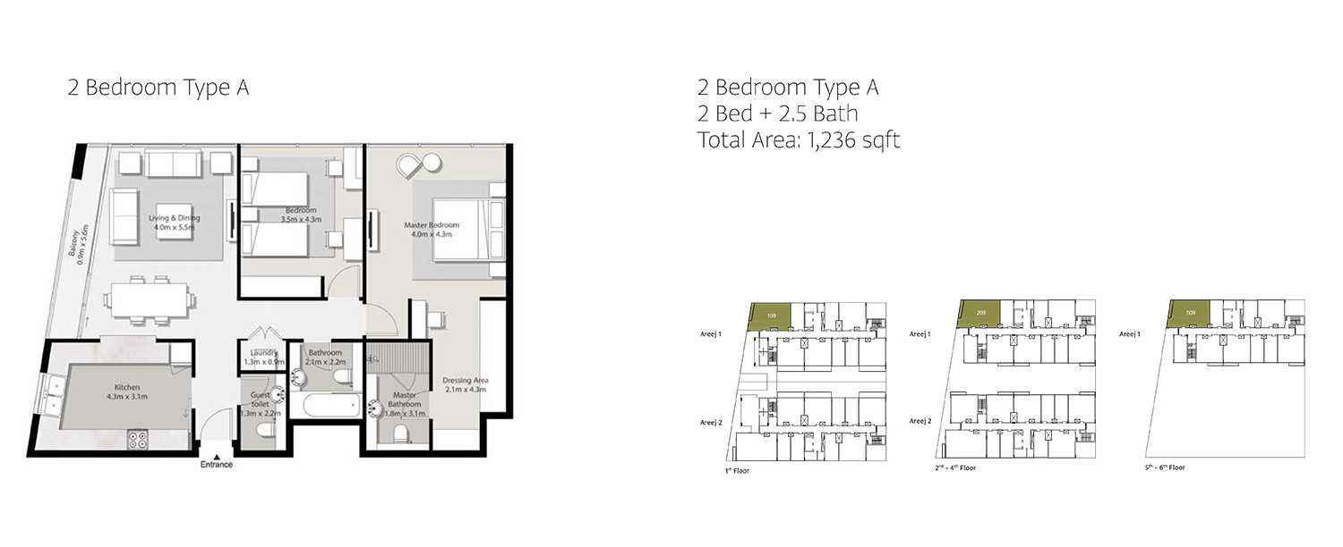 2 Bedroom Type A, Total Area 1236 Sq. Ft.